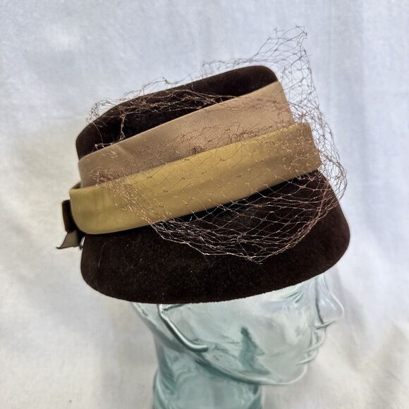 Corona Vintage 50s 60s Brown Velvet Pillbox Cloche Hat With Ribbon Band And Veil main image 8